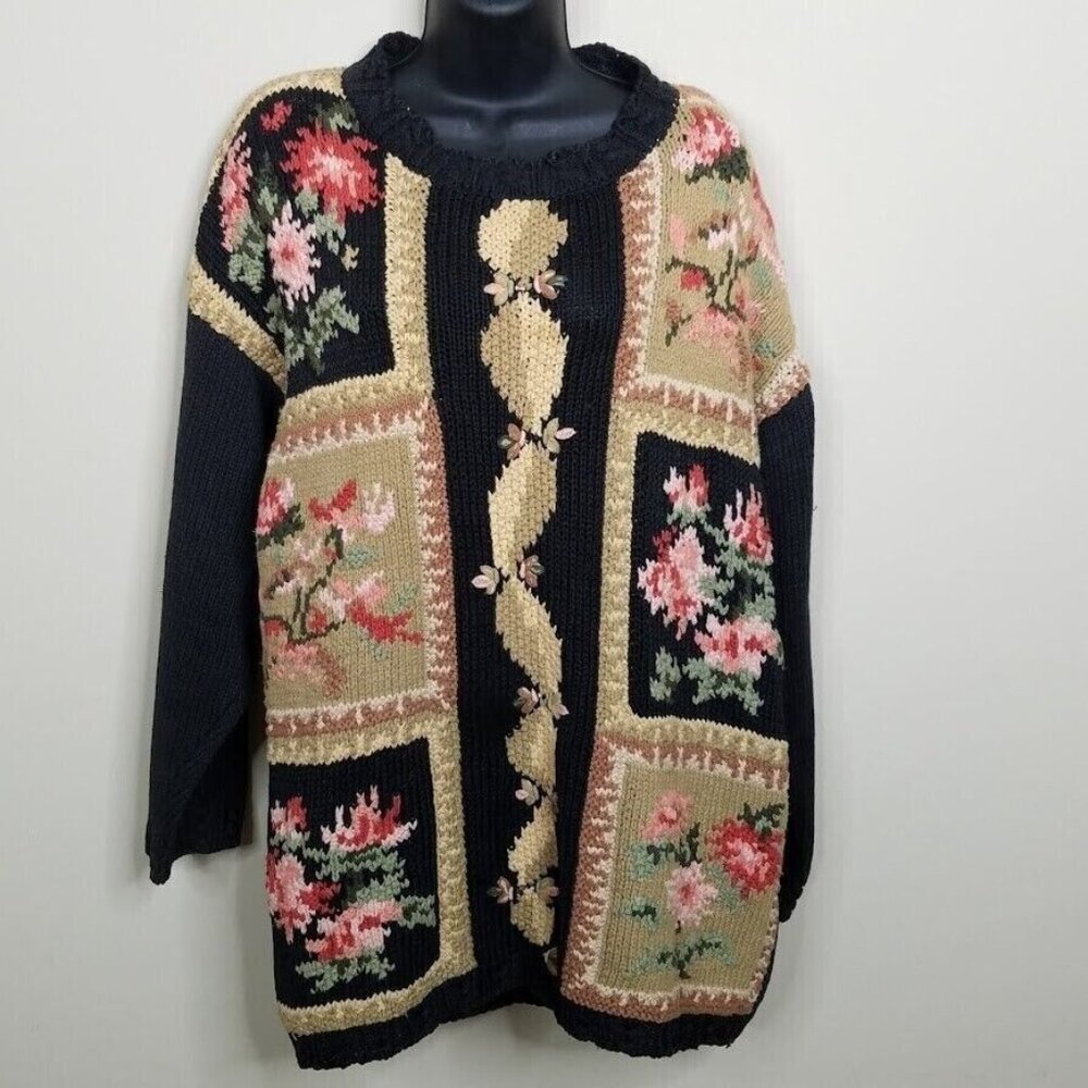 Jennifer Reed Womens Floral Sweater‎ Size Medium Vintage 80s Hand Knit Romantic